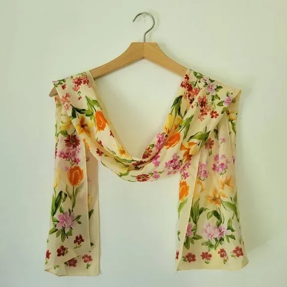 Floral Scarf Tulips Silky Orange Red Green Pink - Picture 2 of 6
